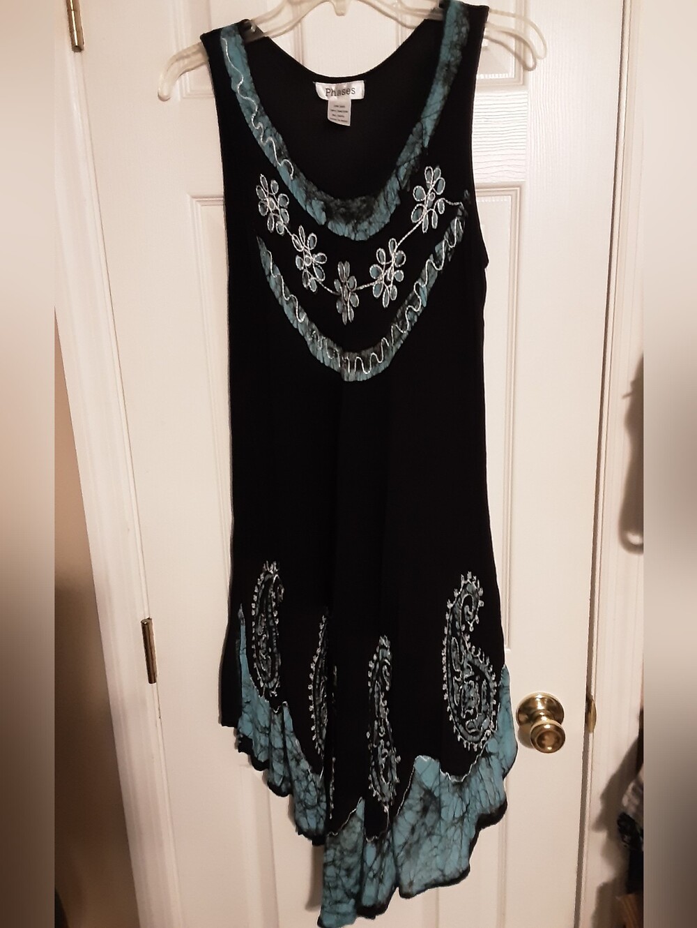 Energie Black Dress with Teal Trim and Floral Embroidery 100% Viscose PTP 16"